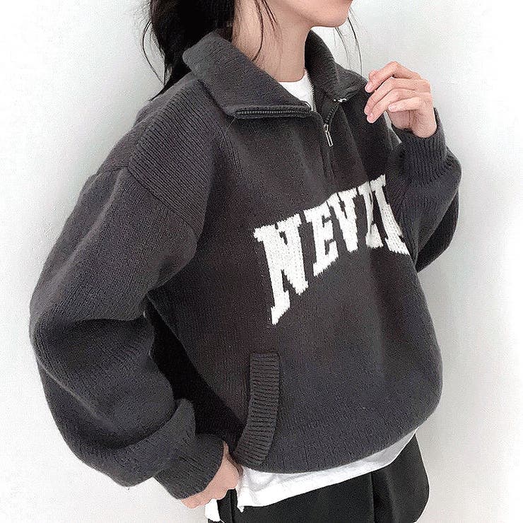 NEVERロゴハーフジップニットトップス 秋 冬[品番：SHNW0008416
