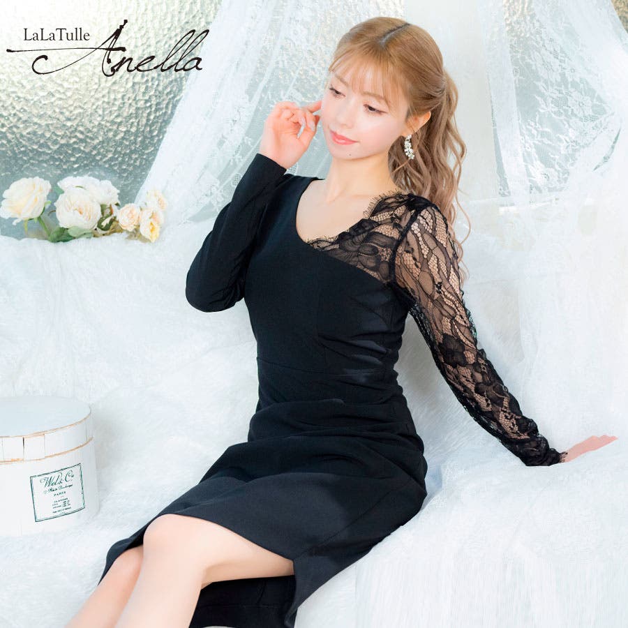 アシンメトリーレーススリーブミディアムドレス韓国ドレス セクシー
