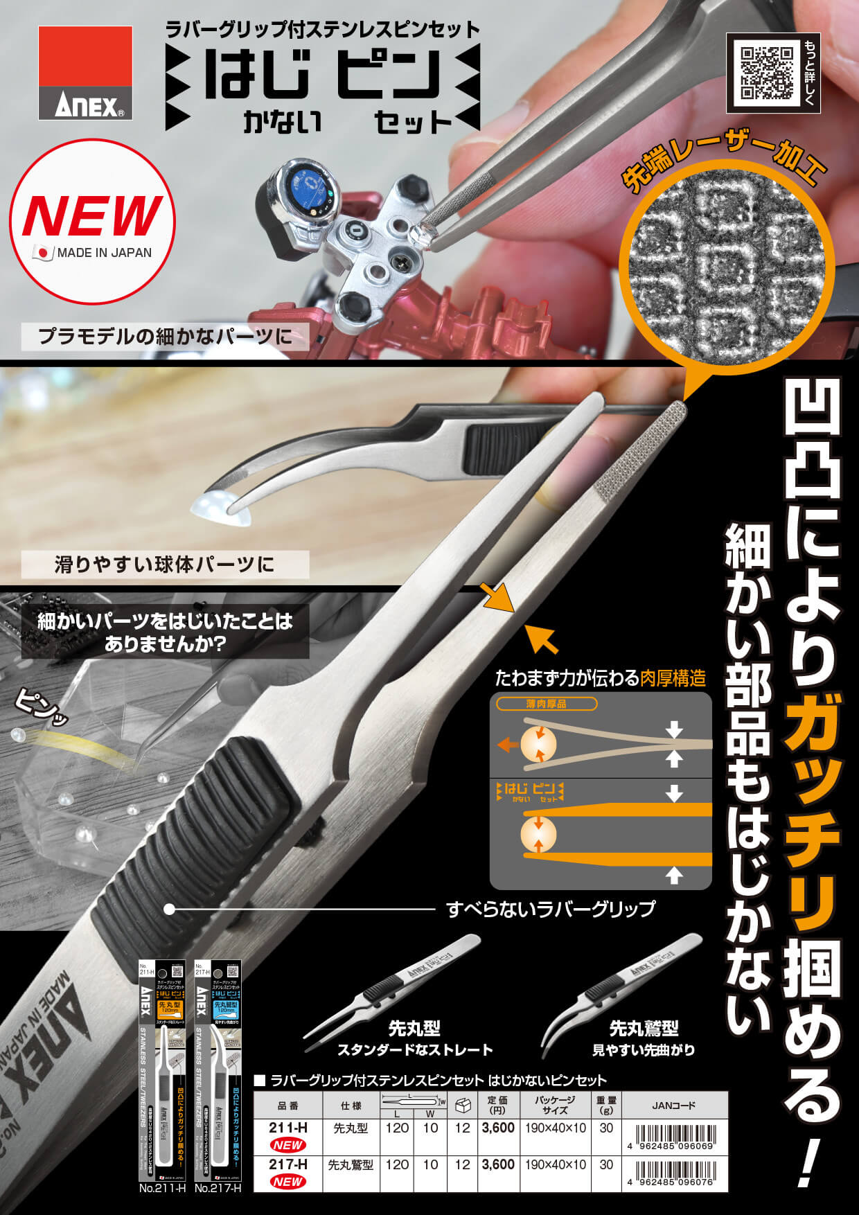 ANEX ラバーグリップ付 ステンレスピンセット【はじピン】先丸型120mm