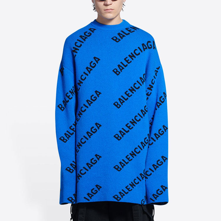 Balenciaga All Over Logo Crewneck Wool Knit Sweater 'Blue