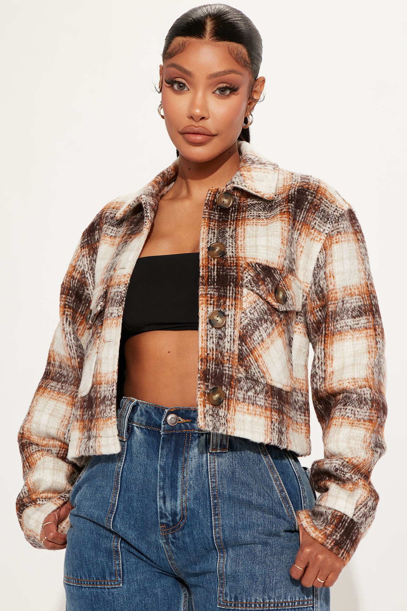Savannah Crop Plaid Shacket - Chocolate | Fashion Nova