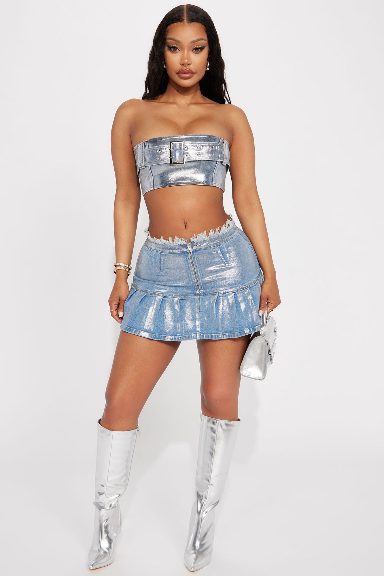 Flash Pose Metallic Foil Mini Skirt - Light Wash | Fashion Nova