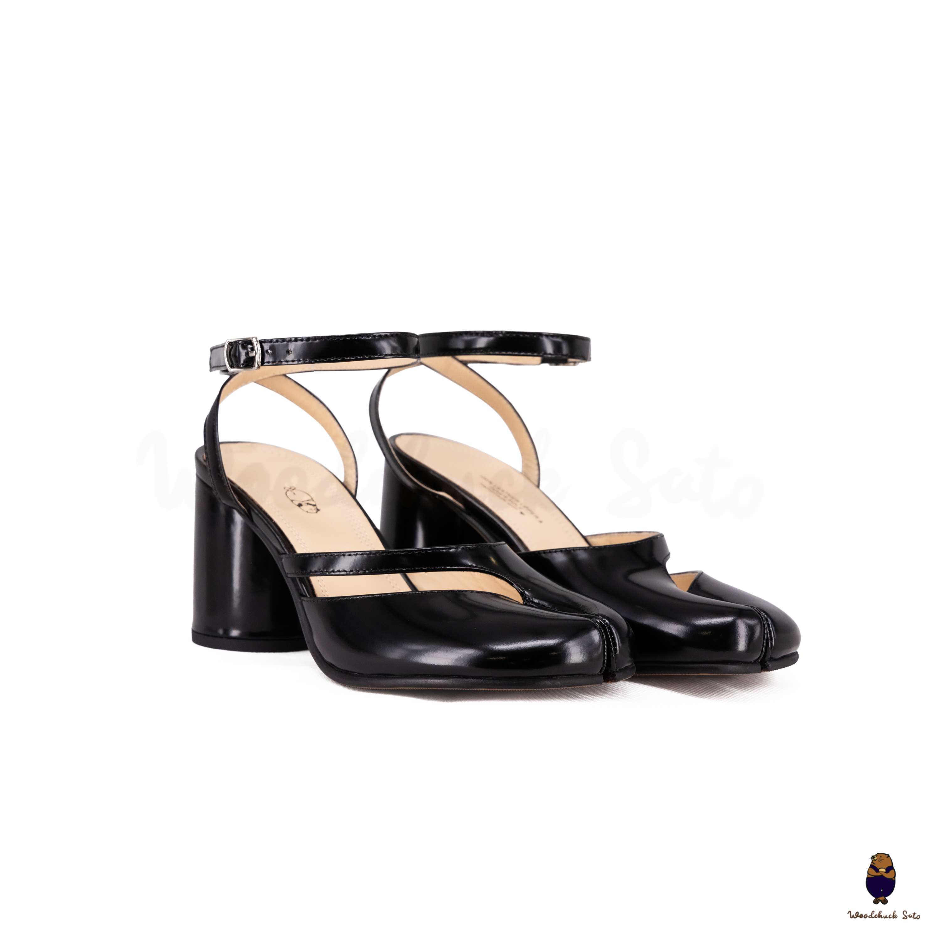 WoodchuckSato Black Matte Cow Leather Tabi Ankle-Strap 8 cm Heels