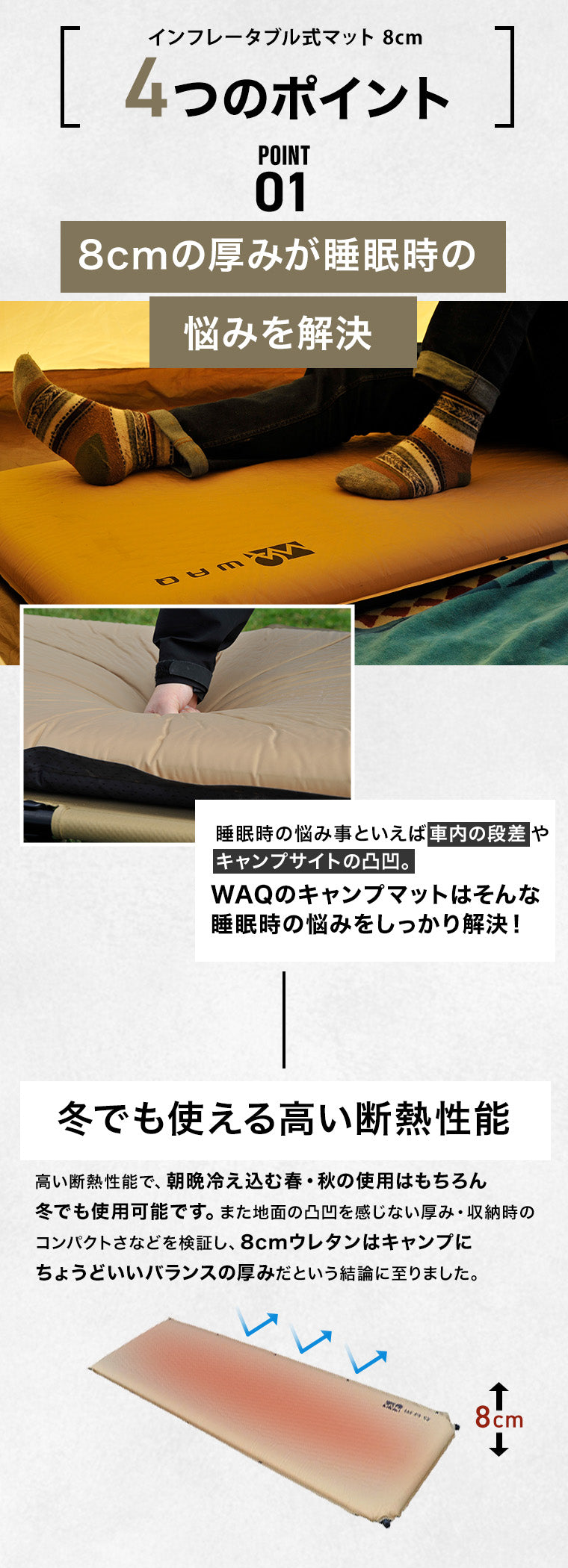 インフレータブル式マット 8cm WAQ 車中泊 キャンプ用インフレーター