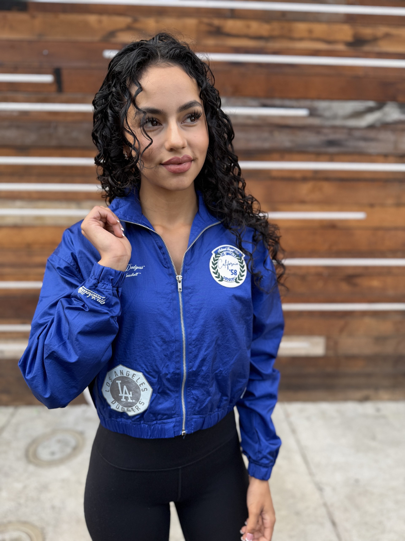LA Dodgers M&N Women's Crop Nylon Full-Zip Patch Jacket Royal