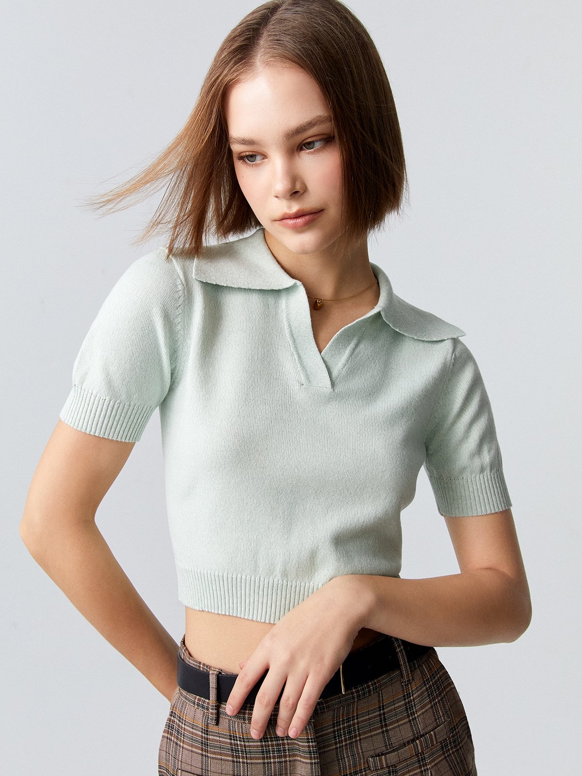 Knitted Polo Top - Light Green - Pomelo Fashion