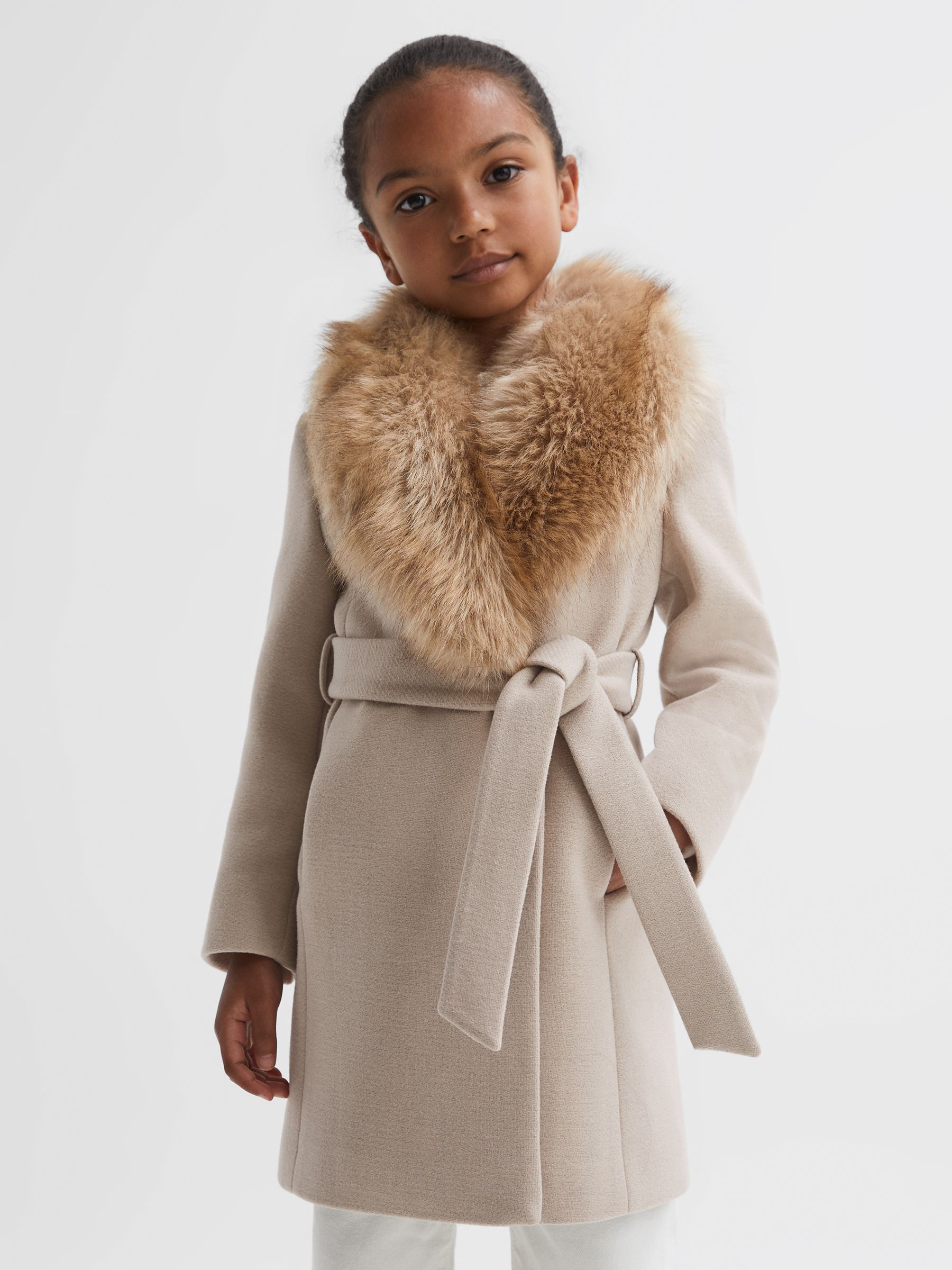 Reiss Junior Fur Collar Wool Coat in Oatmeal | REISS