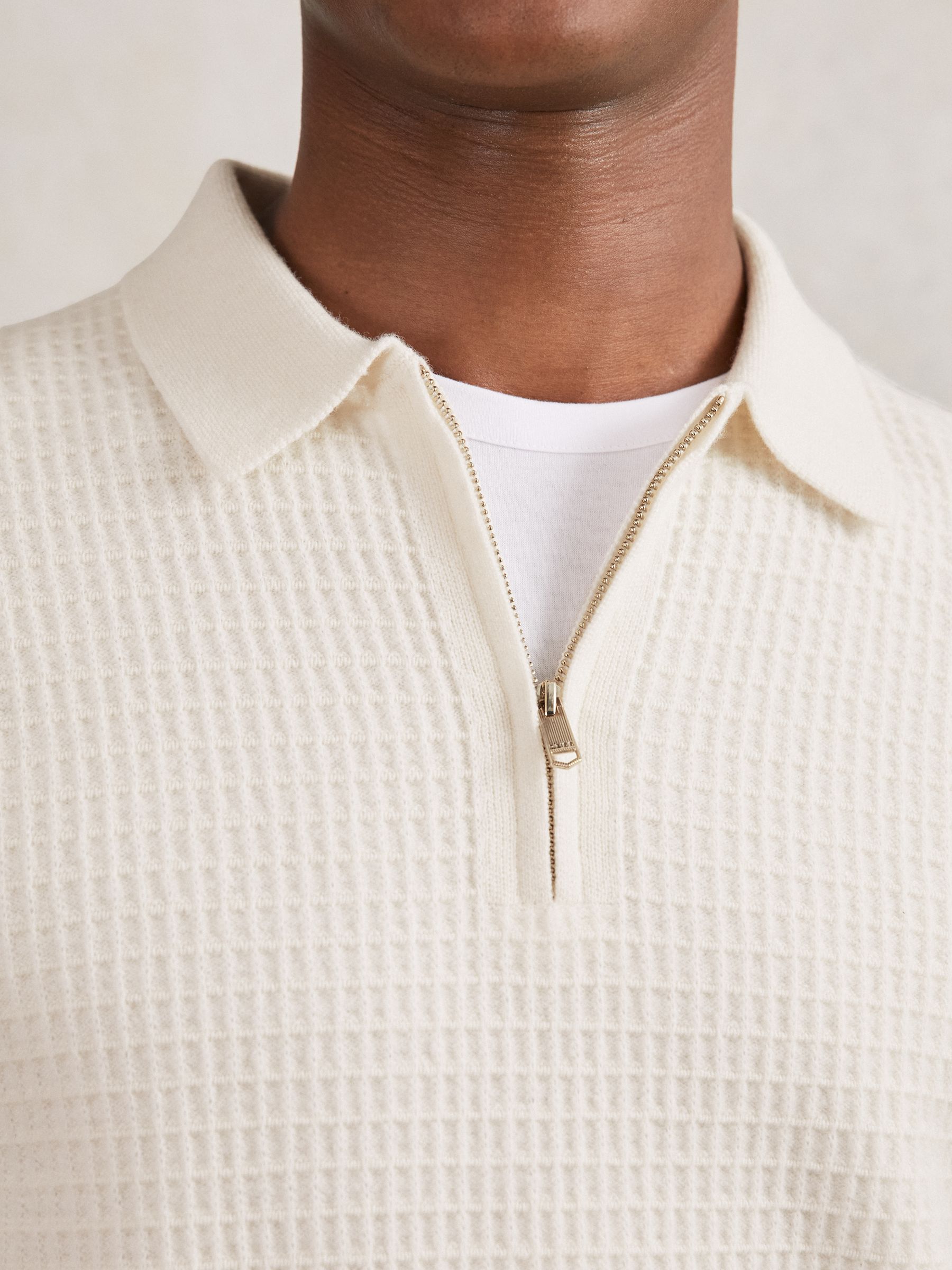 Reiss Wool Waffle-Knit Half-Zip Polo Shirt in Off White | REISS
