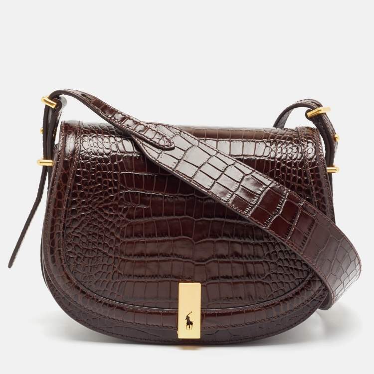 Polo Ralph Lauren Brown Croc Embossed Leather Saddle Crossbody Bag