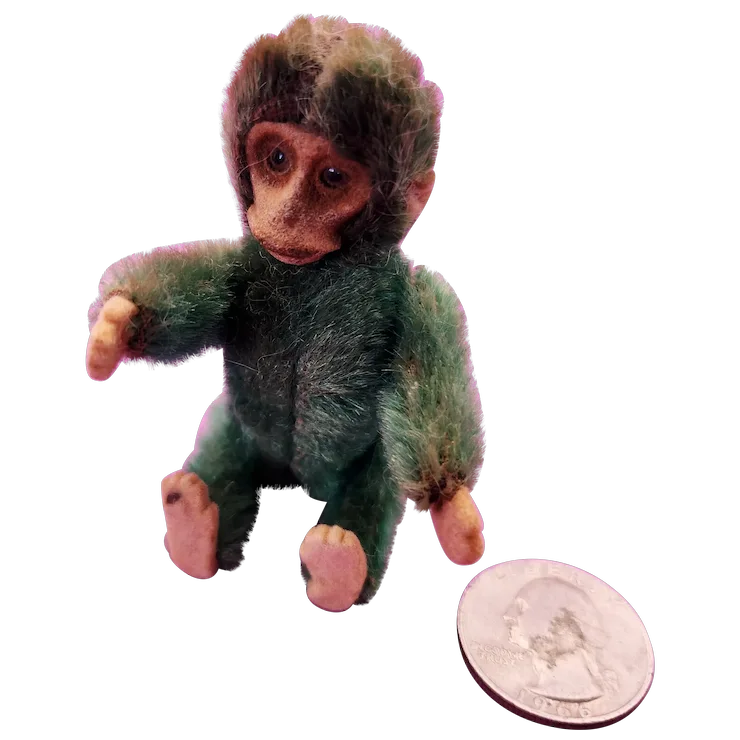 Green Mohair Schuco Monkey with compact inside. For Sale at Ruby Lane