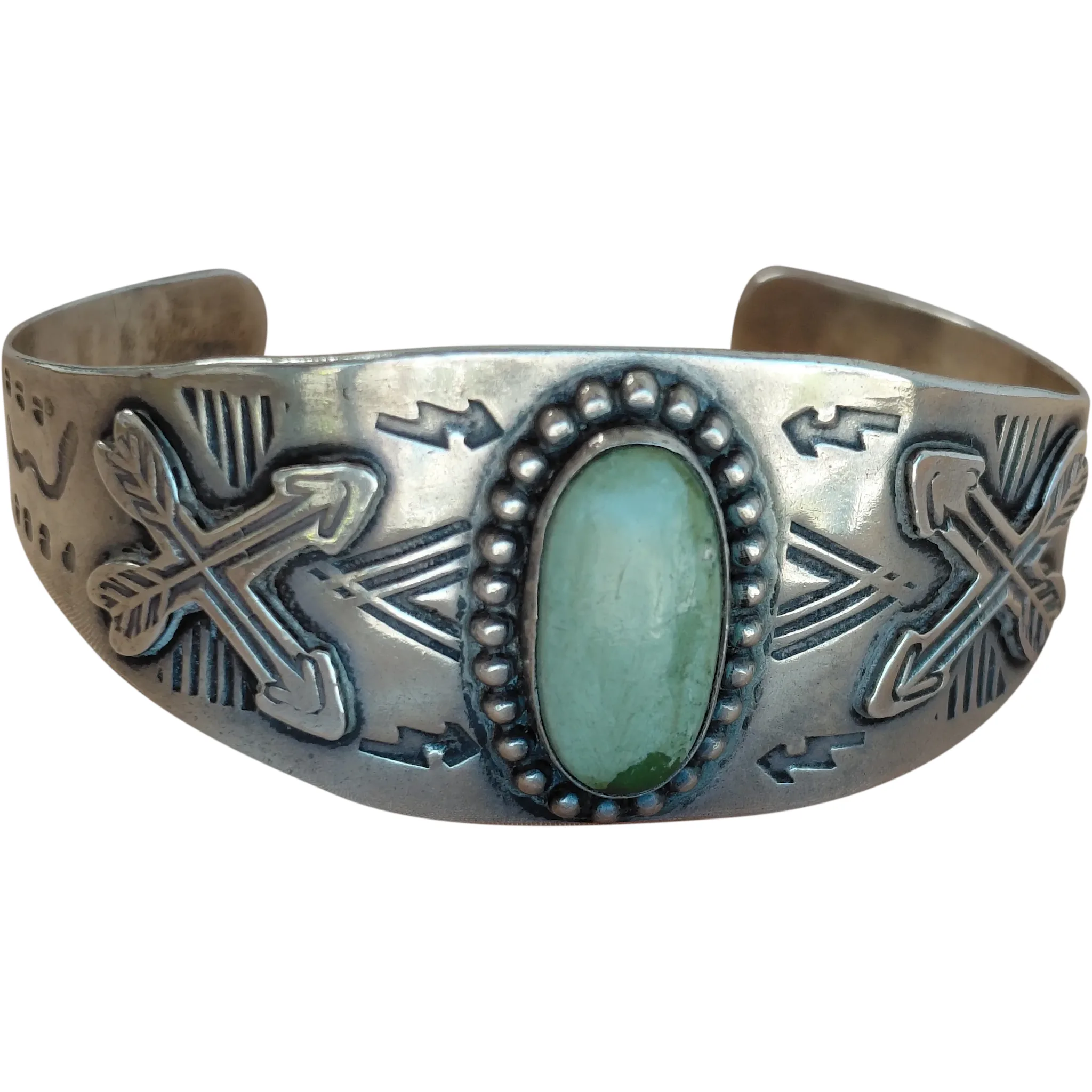Vintage Native American FRED HARVEY ERA Sterling Silver And Green