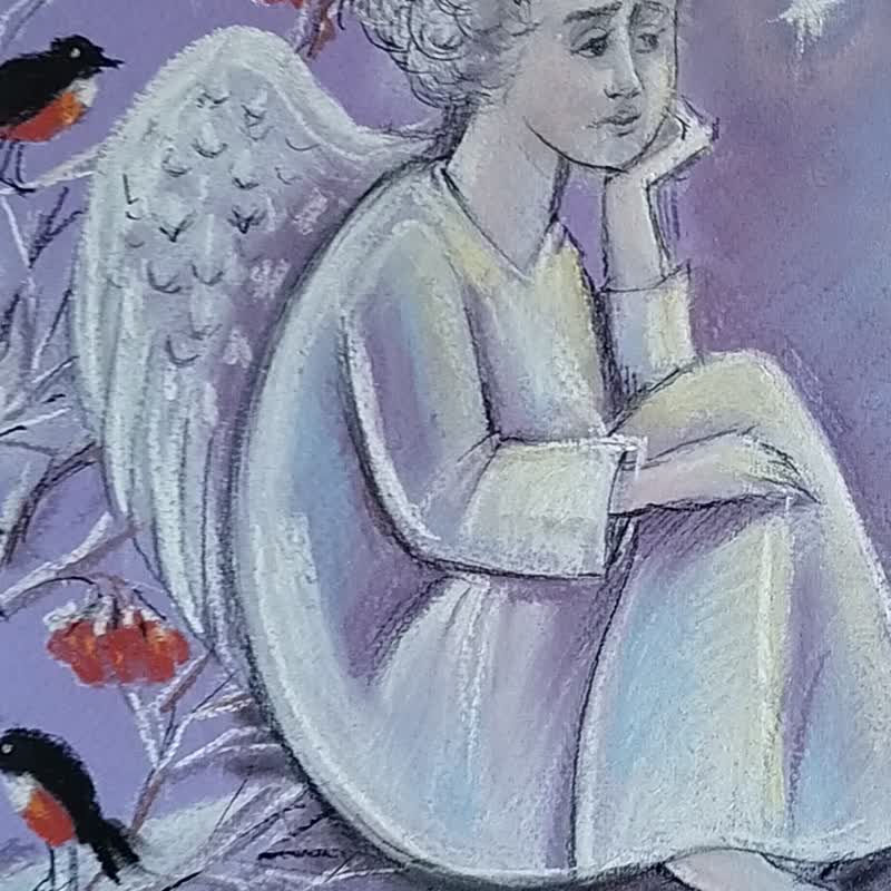 ロシア 天使の冬の絵 新年のパステル画 クリスマスの絵画 鳥 冬の