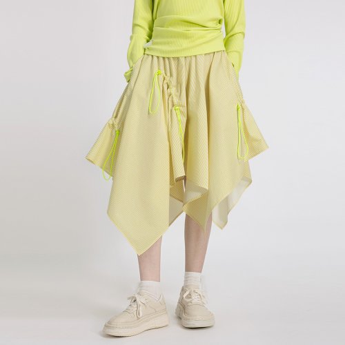 台湾 イエローホワイトストライプ柄コットンスカート ドローストリング