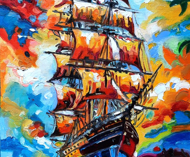 送料無料】ロシア 帆船アート 海の絵画 オリジナルアート 油絵