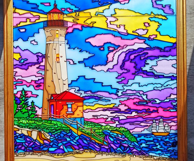 ベラルーシ 海辺の灯台の絵画美しい夕日手描きのアートステンドグラス