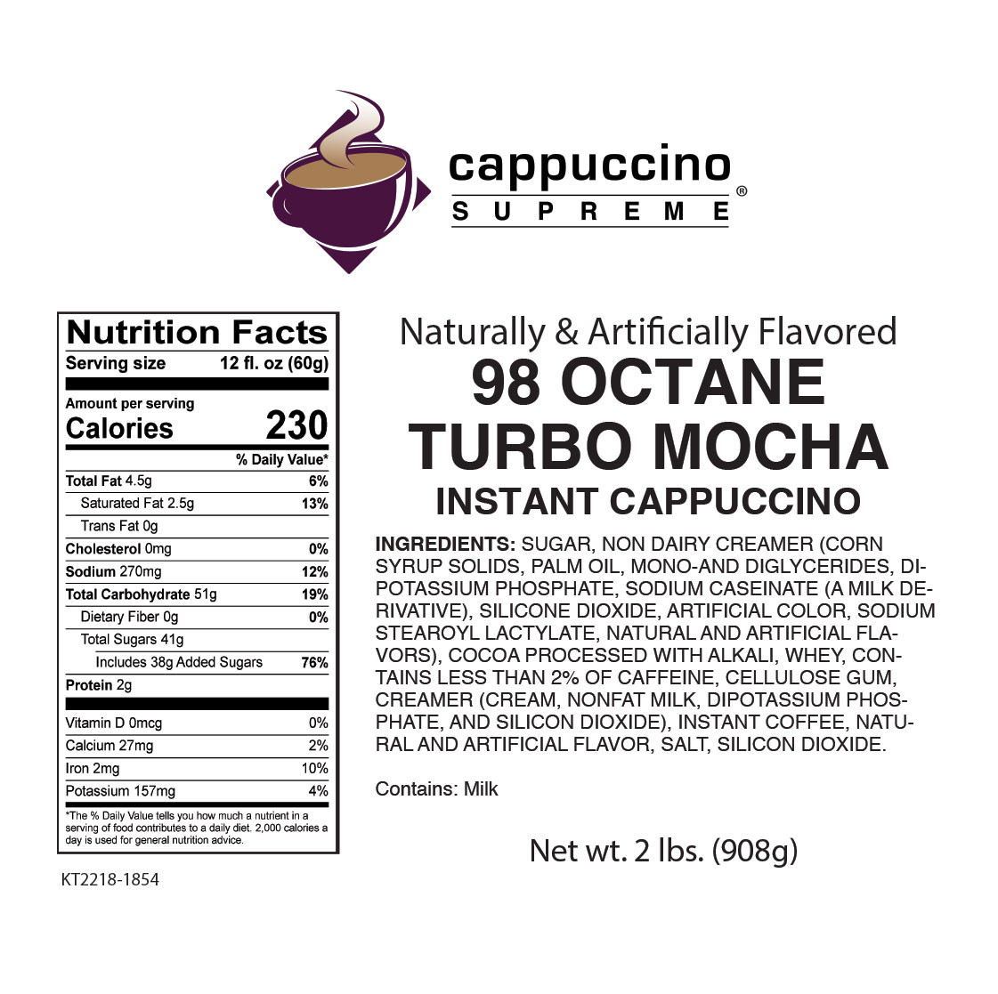 98 Octane Turbo Mocha Instant Cappuccino Mix 2 Lb. Bag