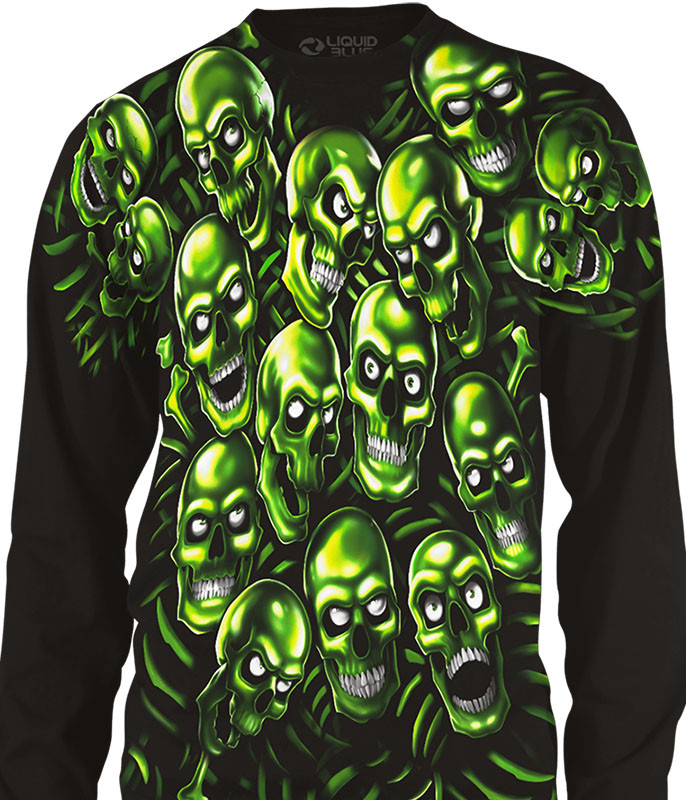 Skull Pile Black Long Sleeve T-Shirt Tee Liquid Blue