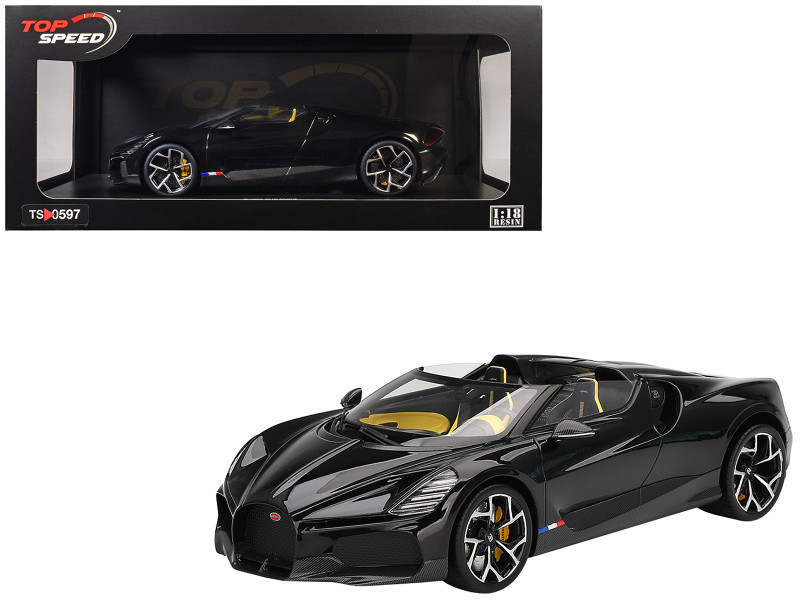 Bugatti W16 Mistral Black with Yellow Interior 1/18 Model Car by