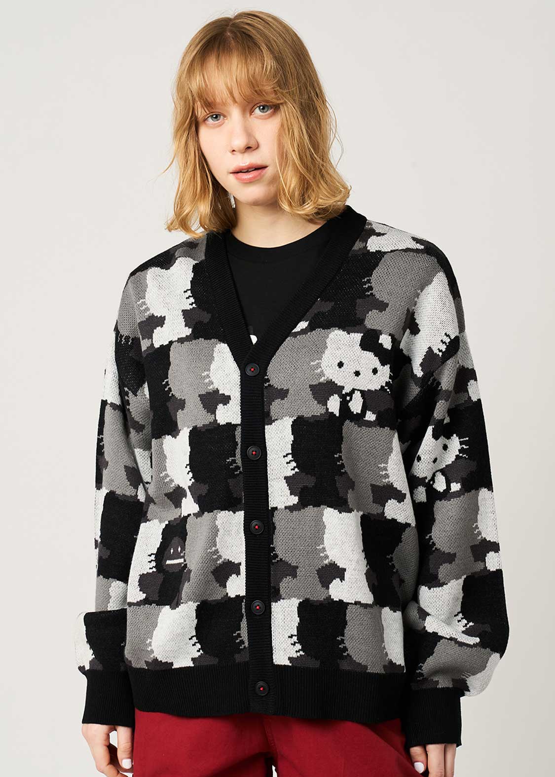 キティ シルエットパターン｜ジャカードVネックカーディガン｜ユニ