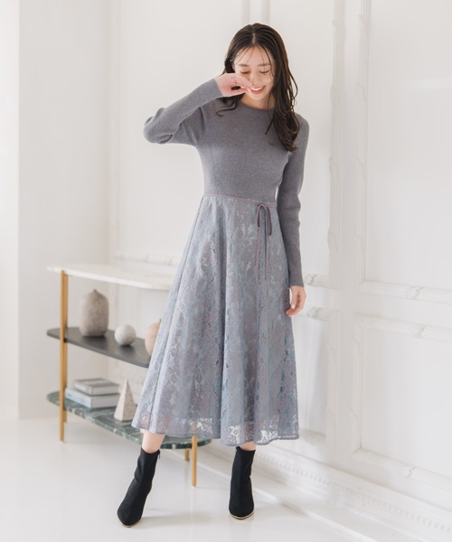 セール】2025秋冬新作 ラメレースニットドッキングワンピース