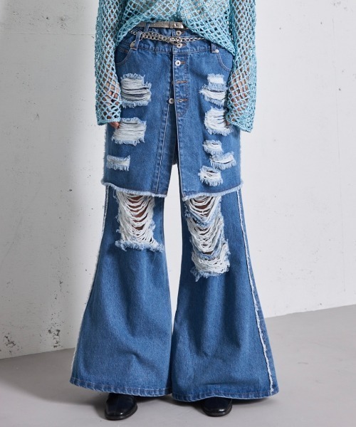 seyto（セイト）の「Damege layered flare denim pants / ダメージ