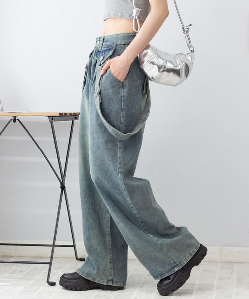 セール】サスペンダー付き デニムルーズ ワイドパンツ（デニムパンツ
