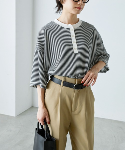forksy.】オーバーサイズワッフルヘンリーネック配色ステッチTシャツ