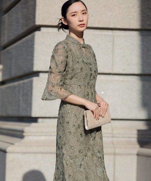 セール】【LEJA】スパンコール花柄刺繍ソフトパフスリーブマーメイド