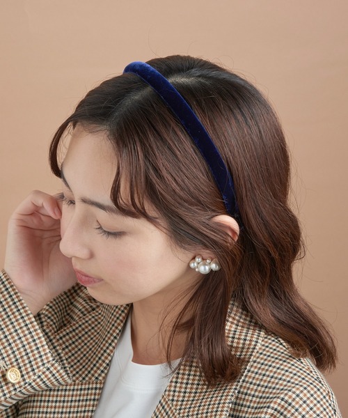 ALEXANDRES ベルベットカチューシャ幅1cm ネイビー カチューシャ (2.5