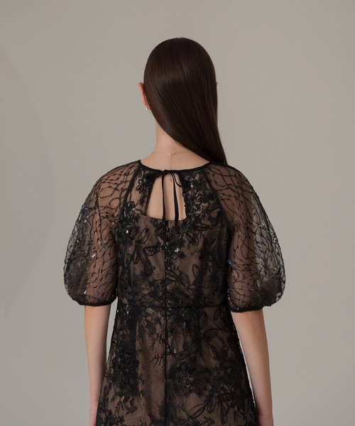 セール】【LEJA】スパンコール花柄レース刺繍スリットIラインドレス