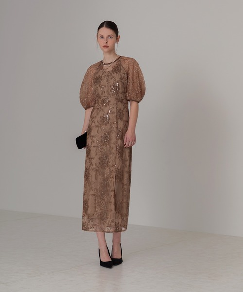 セール】【LEJA】スパンコール花柄レース刺繍スリットIラインドレス