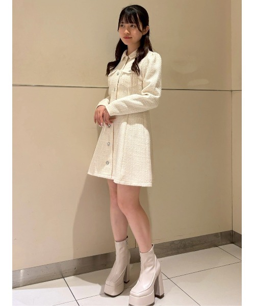 ビジューボタンファンシーツイードシャツミニワンピース（ワンピース