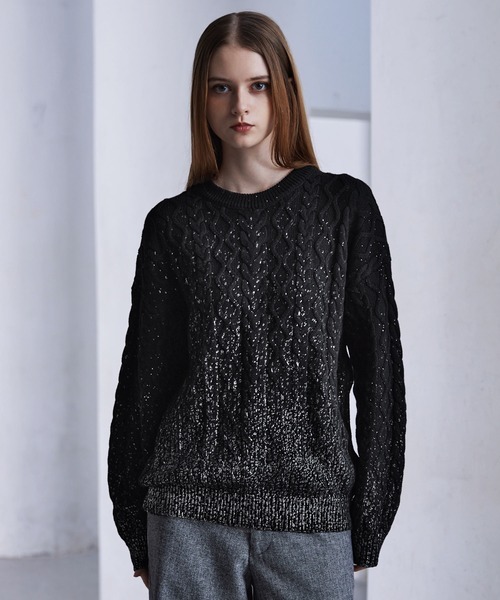 CLEL】Foil Print Cable Crew Neck Knit / 箔プリント ケーブルクルー