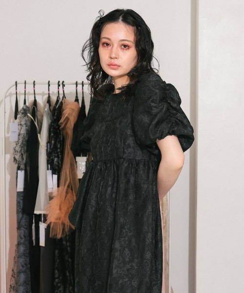 セール】【ANDRESD】bubble sleeve jacquard dress［バブルスリーブ