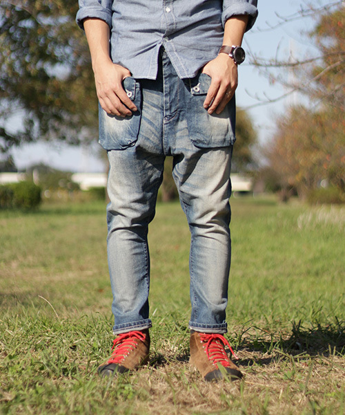 ネイタルデザイン】G55サルエルフラップデニムパンツ リアルダメージ