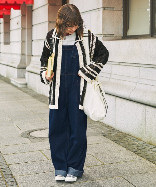 デニムウエストベルトワイドシルエットサロペット MONO-MART LADY'S