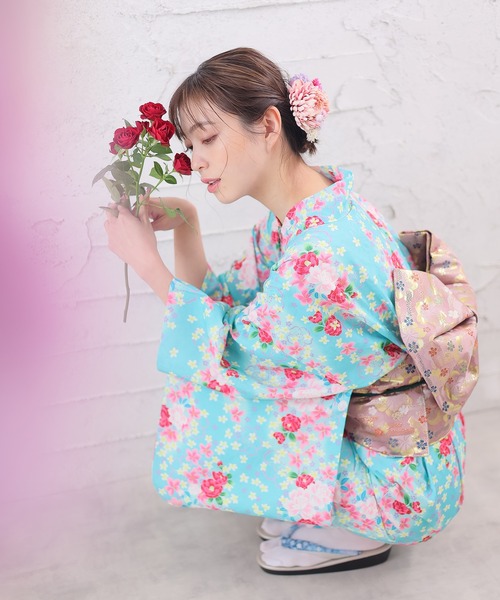 セール】爽やかな配色。浴衣9点セット 和風花柄 水色（浴衣）｜Girly