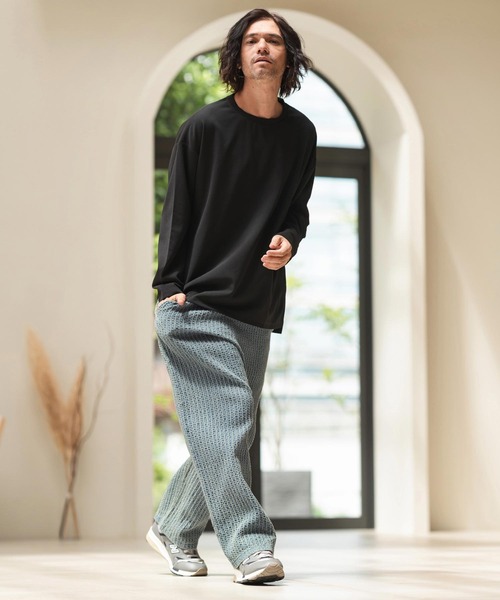mp12773-Accordion Jacquard Denim Wide Straight Pants ワイド