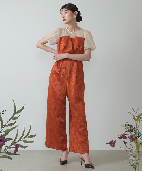 チュール パフスリーブ ワイドパンツ オールインワン ハイウエスト