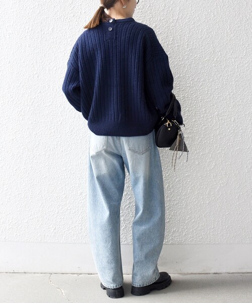 SHIPS any: リブ タック編み クルーネック ボタン ニット プルオーバー