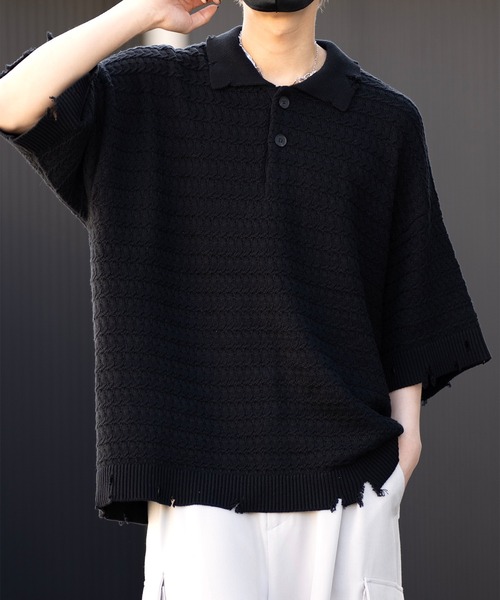 CLEL】Chain Crochet Design Damaged Short Sleeve Knitted Polo