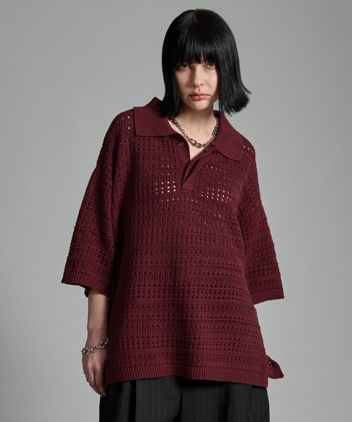 VELNUS】Watermark knitting loose Half Sleeve knit polo shirt