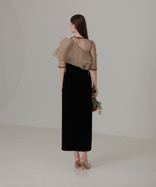 セール】【LEJA】アシンメトリーティアードフリル3WAYベロアIライン
