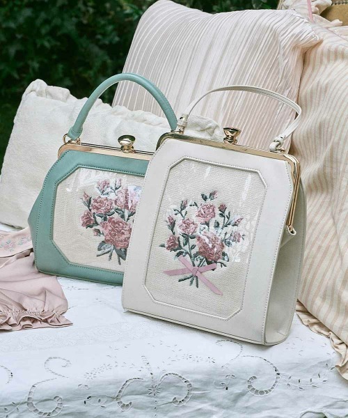 ブーケ刺繍スクエアがま口バッグ（ハンドバッグ）｜an another angelus