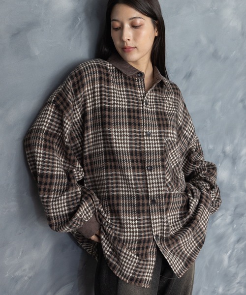 セール】Vintage-like collar corduroy check flannel shirt
