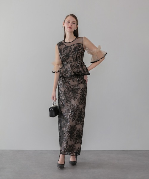 LEJA】アシンメトリーシアーフラワースパンコールフリルチュール