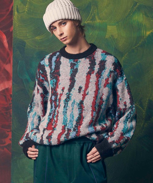 UNISEX》Airy Mohair Crazy Stripe Prime-Over Crew Neck Knit