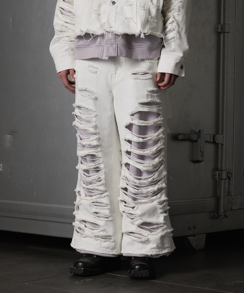 GRANCY】Sweat Docking Design Damage Buggy Denim Pants / スウェット