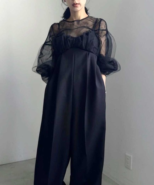 Ameri（アメリ）の「NET TULLE TOP LAYERED ROMPERS（サロペット