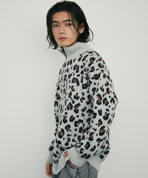 セール】Leopard print zip-up knit sweater / レオパード柄ジップ
